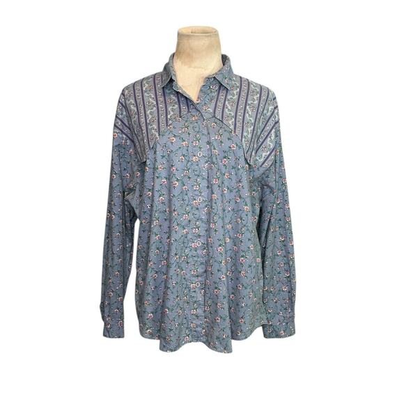 New Fashion blue pink floral long sleeves button shirt size Large - Picture 15 of 15